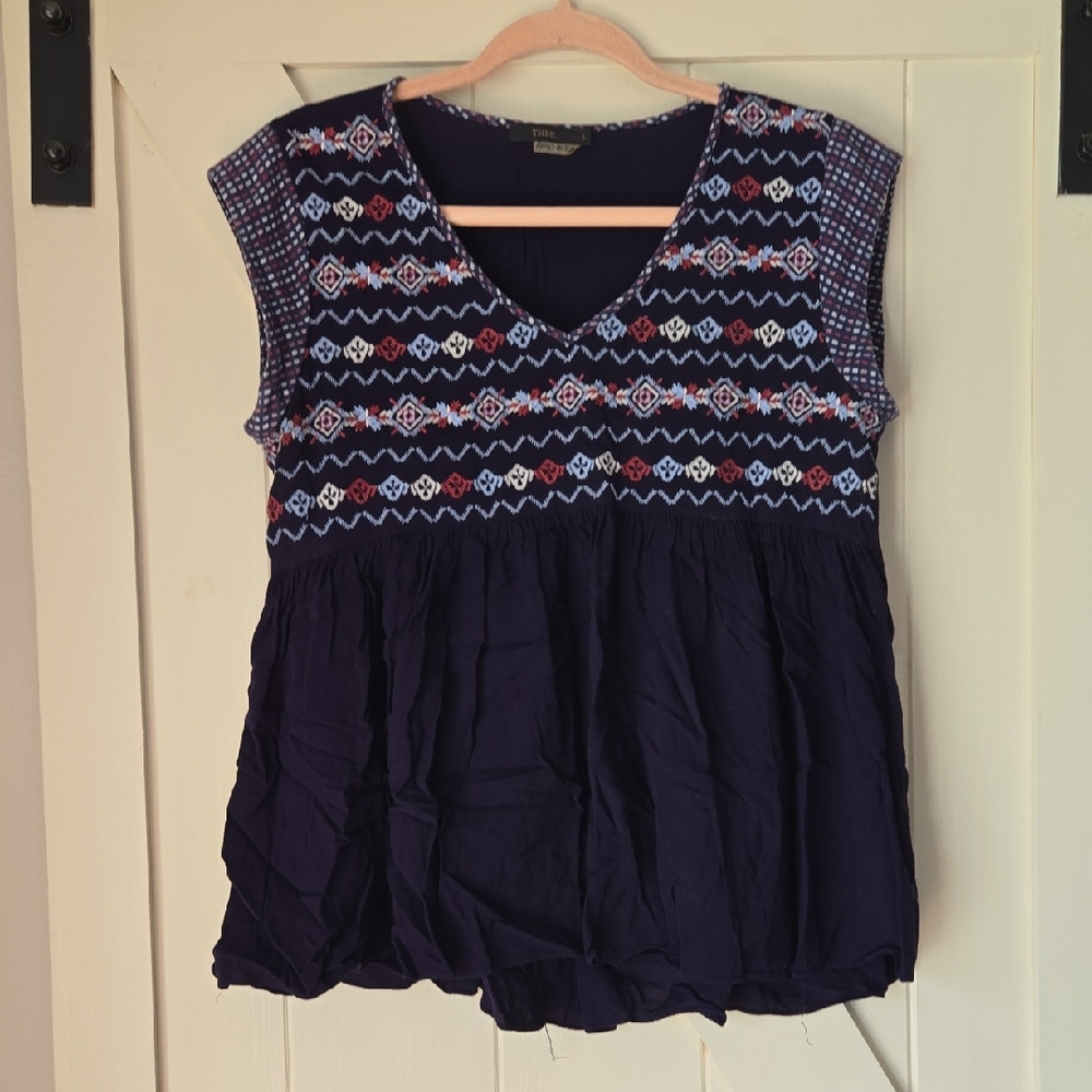 THML Navy Embroidered V-Neck Sleeveless Tunic